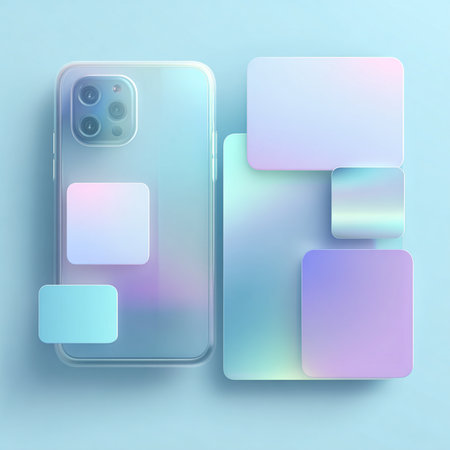 Mobile phone with blank screen on blue background. 3d illustration.の素材