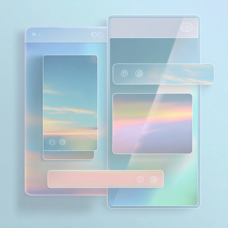 Mobile phone screen mockup with sunbeams and clouds on blue backgroundの素材
