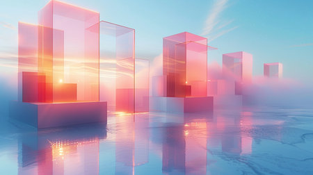 3d illustration of abstract background with glass cubes in the sky.の素材