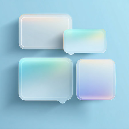 Transparent glass speech bubbles on blue background. 3D illustrations.の素材