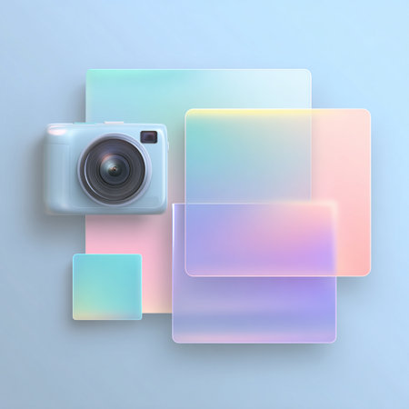 Retro camera on abstract colorful background. 3d render illustration.の素材