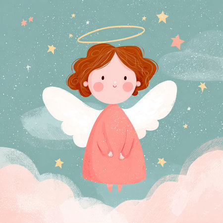 Cute angel in the sky with clouds and stars. Vector illustration.の素材