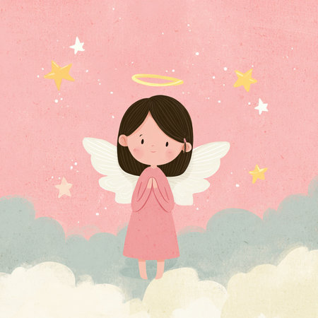 Angel girl on the cloud. Cute hand drawn vector illustration.の素材