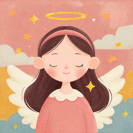 Angel girl with wings and clouds. Vector illustration in retro style.の素材