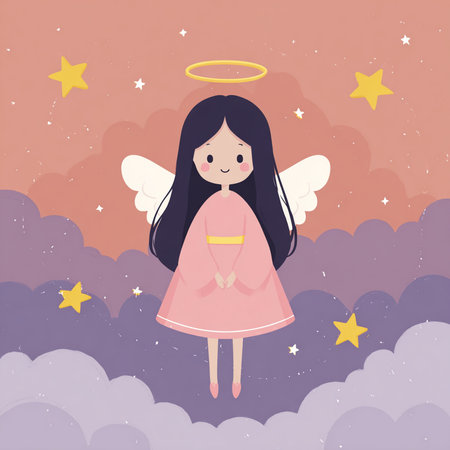 Cute little angel in the sky with clouds. Vector illustration.の素材
