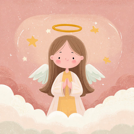 Cute baby angel in the sky with clouds. Vector illustration.の素材