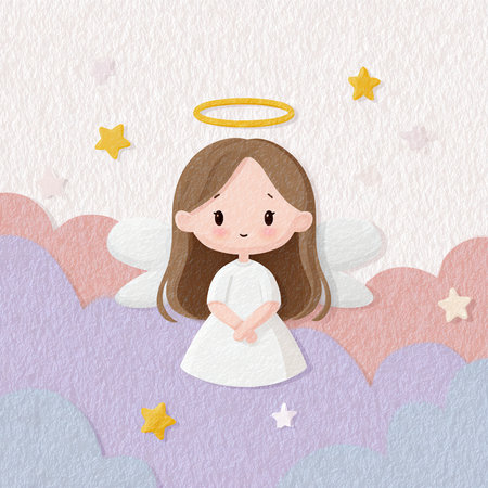 Angel with clouds and stars. Paper art style. Vector illustration.の素材