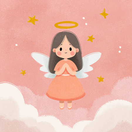 cute angel in the sky with stars and clouds. vector illustrationの素材