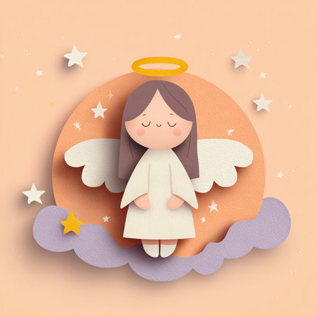 Angel with wings and stars. Paper art style. Vector illustration.の素材