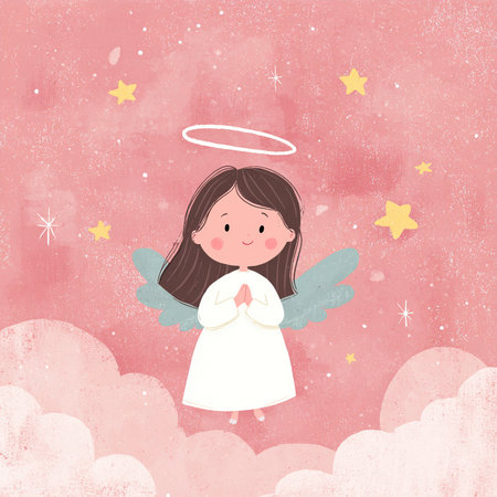 Cute angel in the sky with clouds. Hand drawn vector illustration.の素材