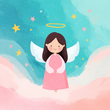 Cute little angel on the background of the sky. Vector illustration.の素材