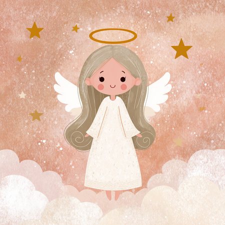 Cute angel in the sky with clouds and stars. Vector illustration.の素材