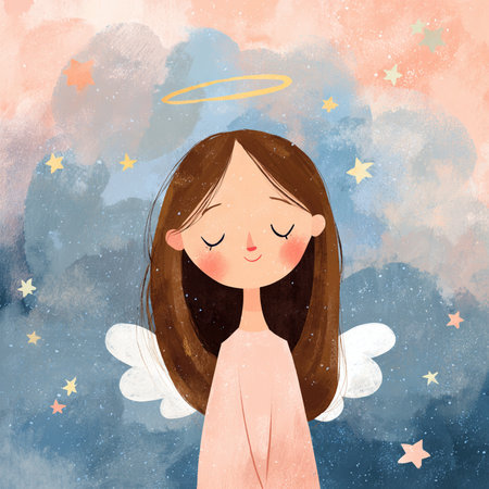 Cute cartoon girl with angel wings and stars on sky background.の素材