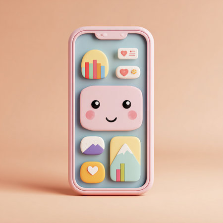 Smartphone with a smiley face and social media icons. 3d illustration.の素材
