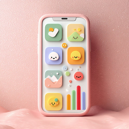 Smartphone with colorful social media icons on the screen. 3d renderingの素材