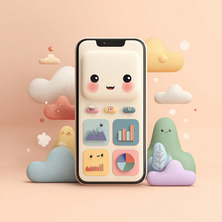 Smartphone with social media icons. 3d illustration. Cartoon style.の素材