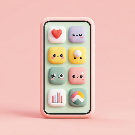 Smartphone with colorful emoticons isolated on pink background. 3d renderingの素材