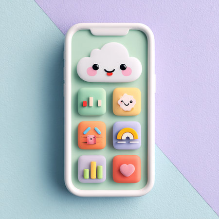 Smartphone with cloud computing icons on colorful background. 3d illustrationの素材