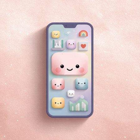 Smartphone with smiley face and social media icons on pink backgroundの素材