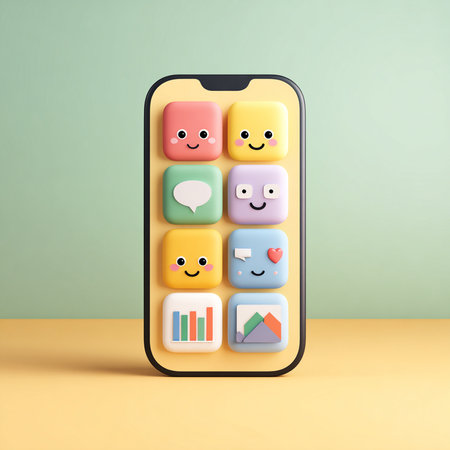 Smartphone with colorful smiley faces on the screen. Social media conceptの素材