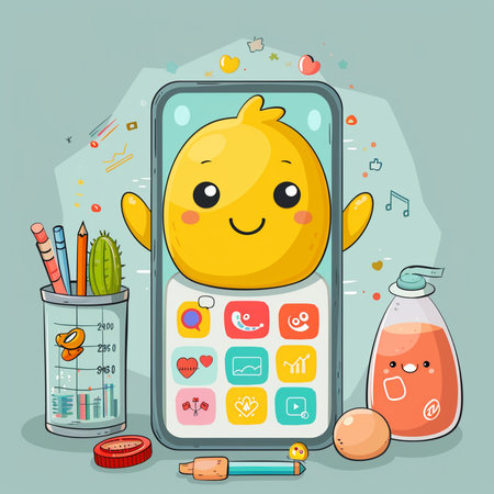 Illustration of a Cute Smiling Egg Cartoon Character with School Suppliesの素材
