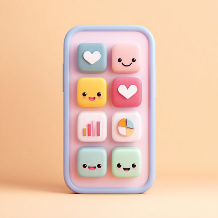 Smartphone with smiley faces, social media icons, 3d renderingの素材