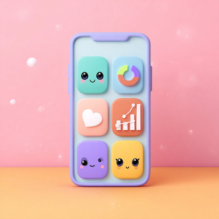 Smartphone with cute emoticons. 3d render. Social media concept.の素材