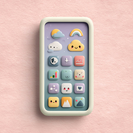 Smartphone with application icon set isolated on pink background. 3d illustrationの素材