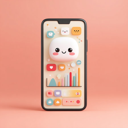 Smartphone with smiley face and social media icons. 3d renderingの素材