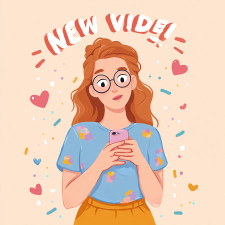 Vector illustration of a girl in glasses with a phone in her hands.の素材