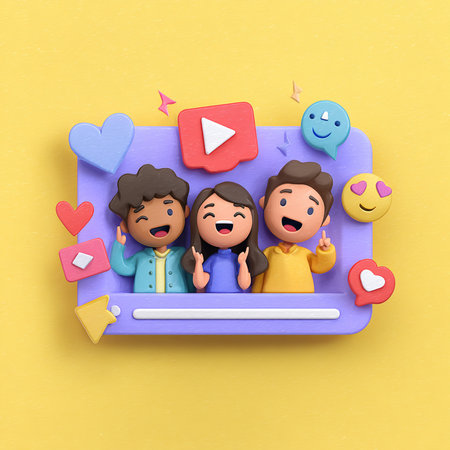 Group of happy kids with social media icons. 3d illustration.の素材