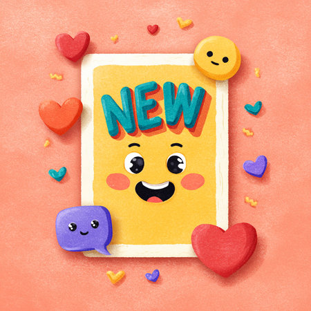New message on yellow frame with smiley face, hearts and emoji on orange backgroundの素材