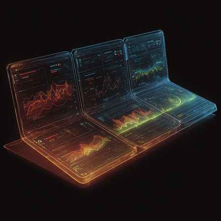 Futuristic interface with glowing graphs and charts. 3d renderingの素材