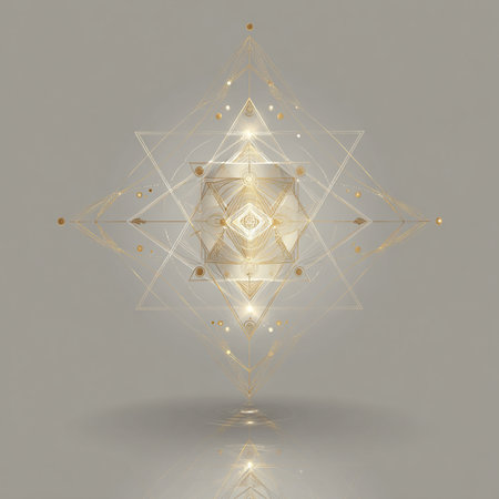 Golden sacred geometry on a gray background. 3d rendering, 3d illustration.の素材