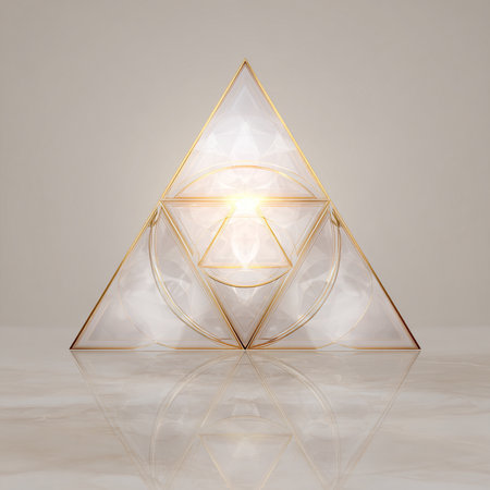 3d render of crystal pyramid on a marble background with reflection.の素材