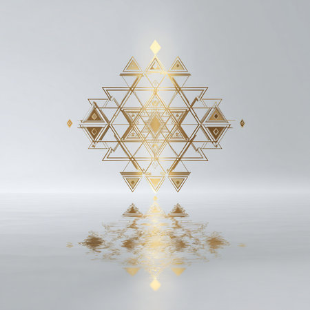 Abstract geometric background with golden triangles and reflection in water. Vector illustration.の素材