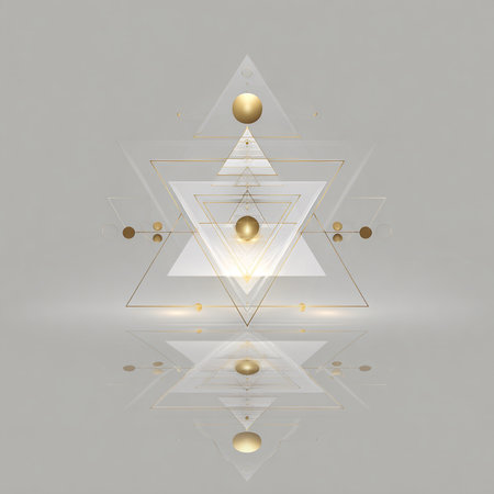 Abstract geometric background with golden triangles and golden balls. Vector illustration.の素材