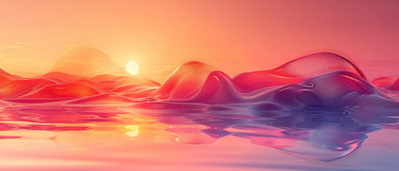 3D render of an abstract landscape with waves and sun at sunsetの素材
