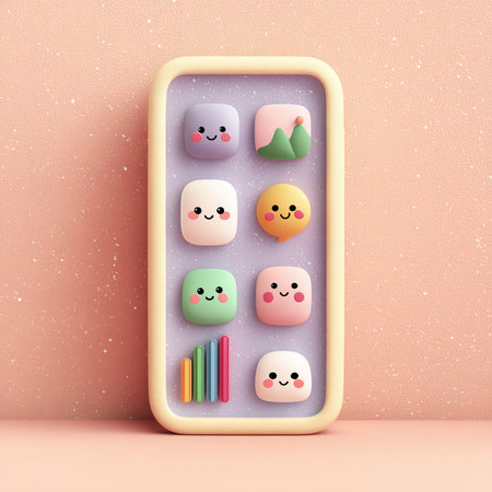 3d illustration of cute smiley face in mobile phone on pastel backgroundの素材