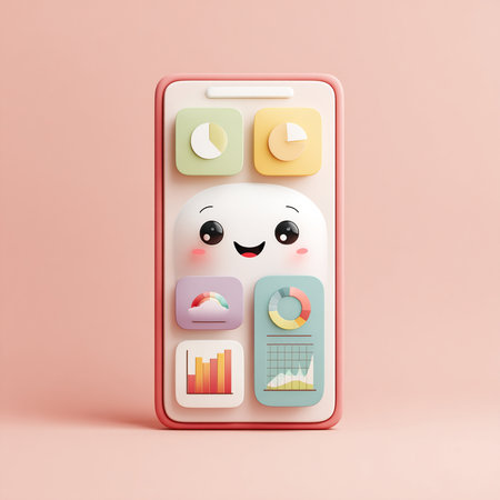 Smartphone with funny cartoon face on pink background. Emoji concept. 3D Renderingの素材