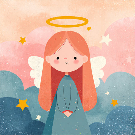 Christmas card with a cute little angel in the sky. Vector illustration.の素材