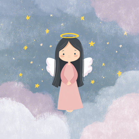 Cute angel in the sky with stars and clouds. Vector illustration.の素材