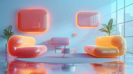 Interior of modern living room with orange armchairs 3D renderingの素材