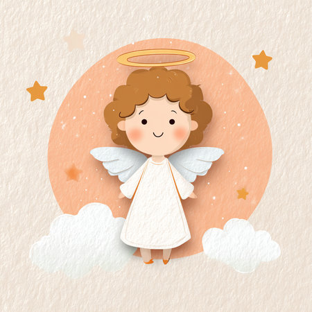 Cute angel with clouds and stars. Paper art style. Vector illustration.の素材