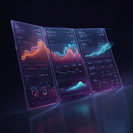 Futuristic interface with glowing charts and diagrams. 3d renderingの素材