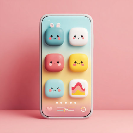 Smartphone with colorful emoticons on screen. 3d rendering.の素材