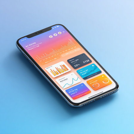 Modern mobile phone with colorful apps on blue background. 3d renderの素材