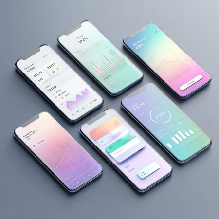 Smartphones with different color screens on a gray background. 3d renderingの素材