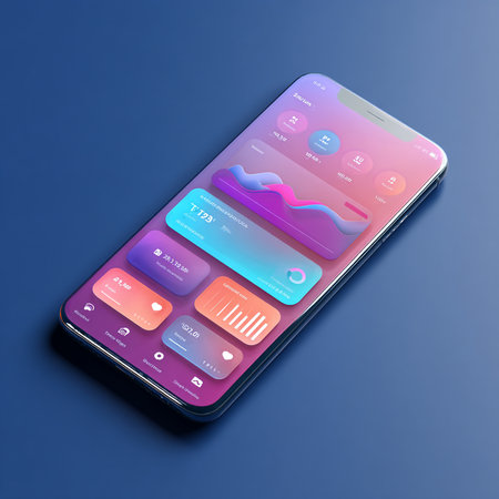 Realistic smartphone with colorful user interface on blue background. Vector illustration.の素材