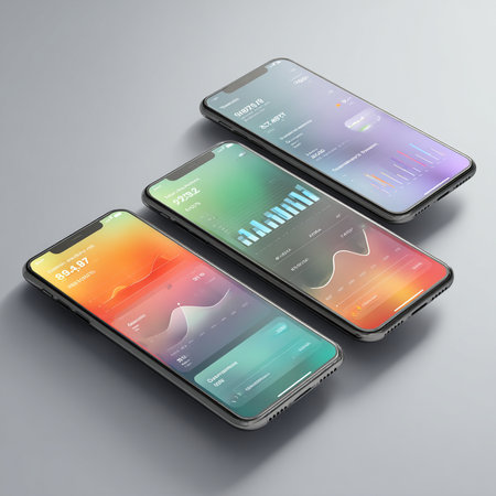Smartphones with different user interface on the gray background. 3d renderingの素材
